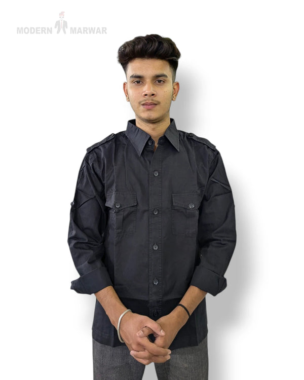 Modern Marwar men's floral shirt in black with stylish shoulder details and buttoned pockets