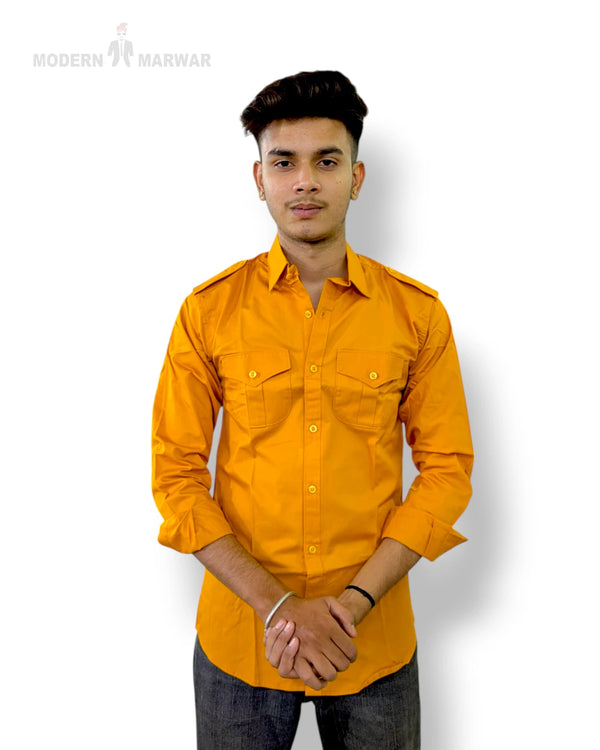 Modern Marwar men's floral shirt in vibrant orange with button details and pockets