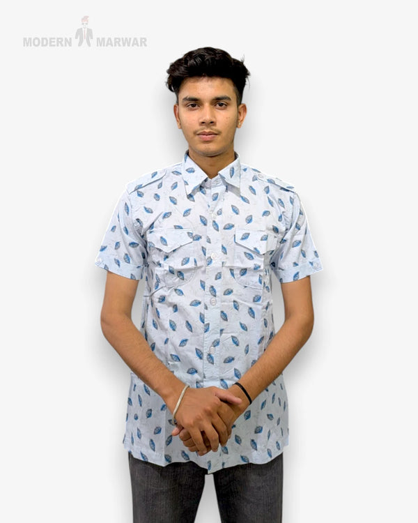 Men's floral shirt from Modern Marwar featuring a light blue leaf pattern and a stylish collar