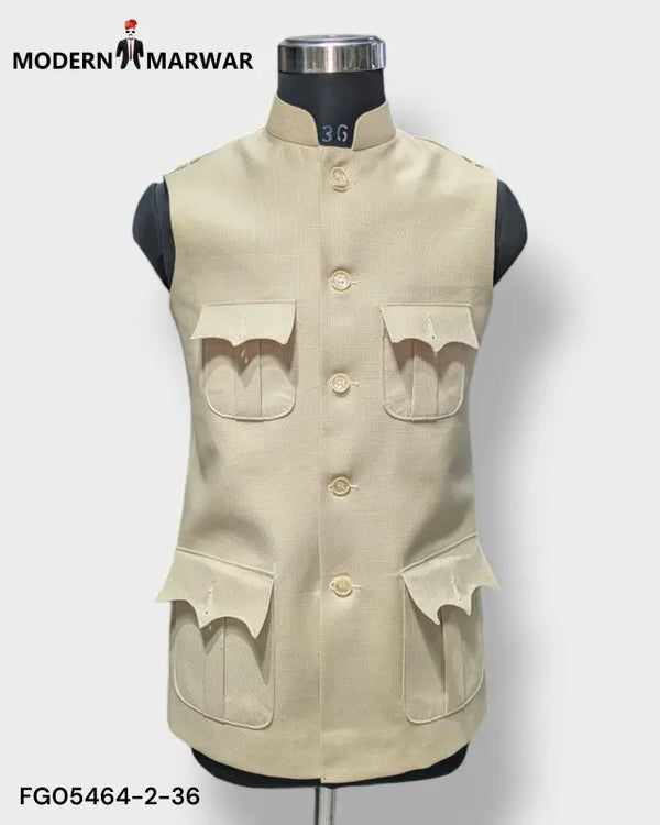 Beige Modern Marwar men's hunting koti with multiple pockets and a classic design
