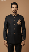 Elegant men's Jodhpuri coat with elephant logo in black, featuring golden embroidery and buttons