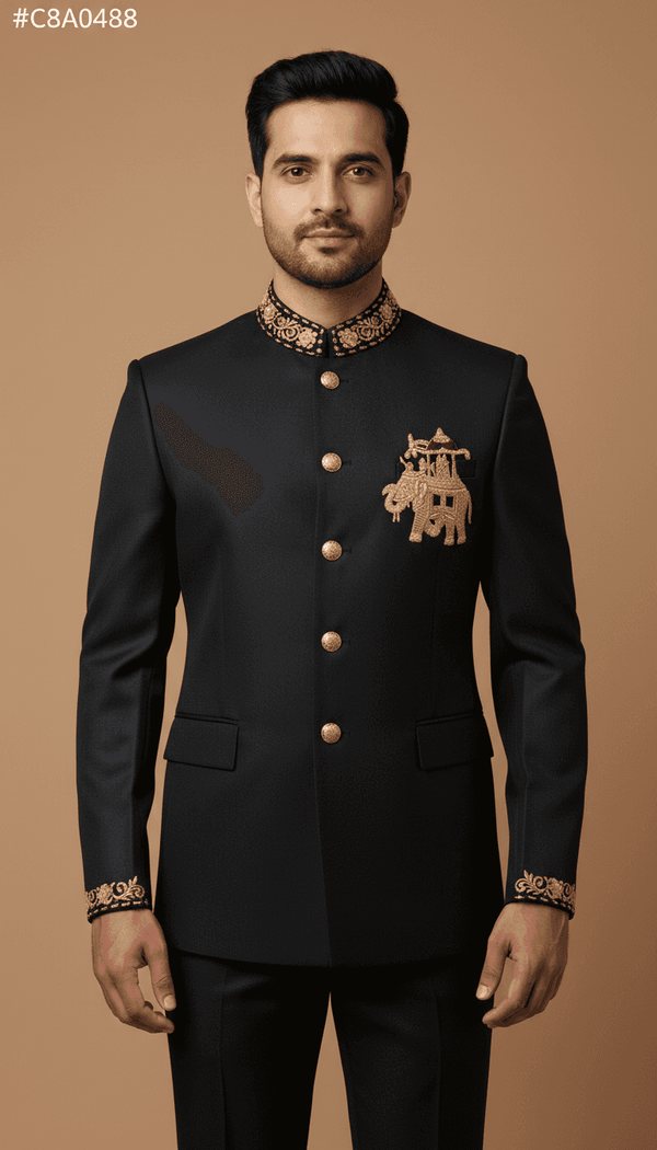 Elegant men's Jodhpuri coat with elephant logo in black, featuring golden embroidery and buttons