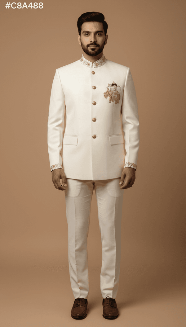Modern Marwar men's Jodhpuri coat with elephant logo in cream color, tailored for elegant occasions