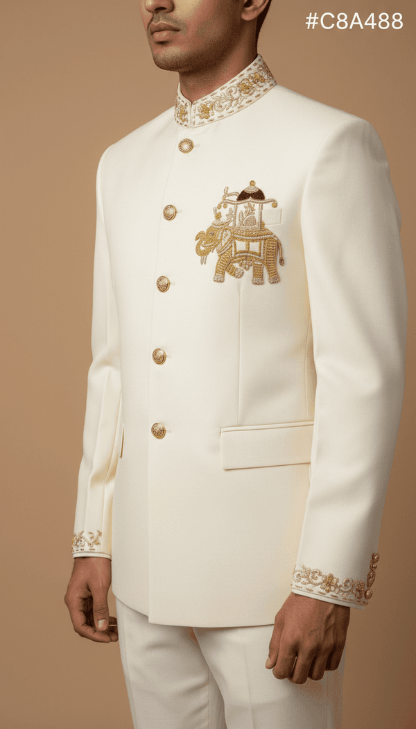 Elegant men's Jodhpuri coat with elephant logo, tailored in cream with intricate detailing