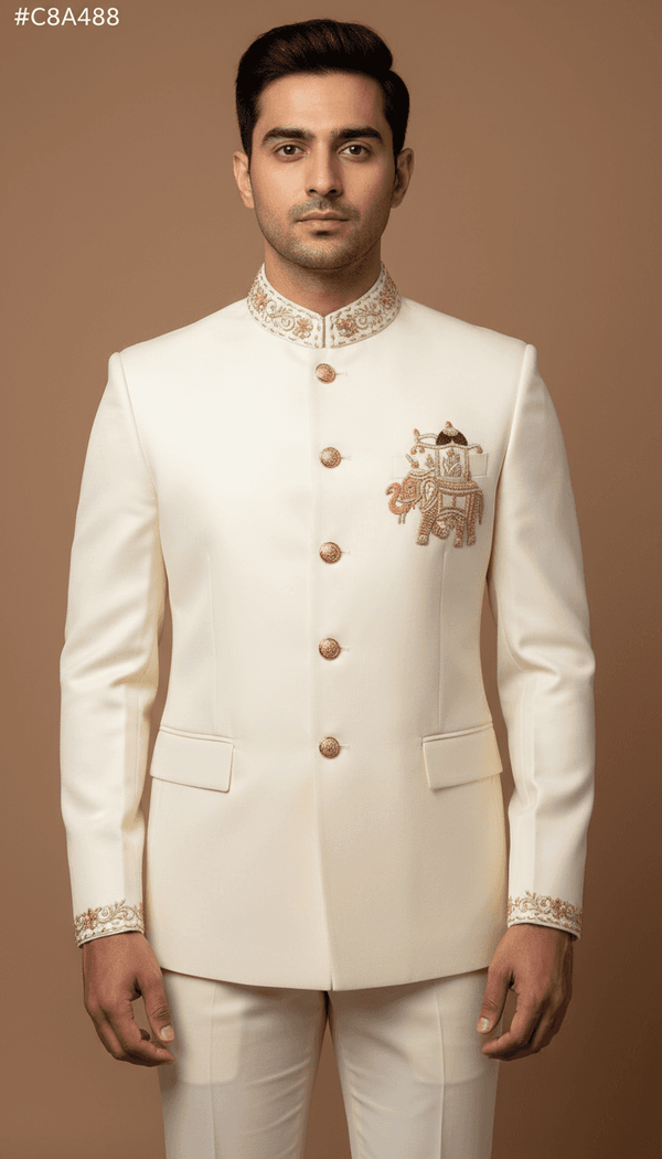 Elegant men's Jodhpuri coat with elephant logo in ivory featuring ornate details for formal wear