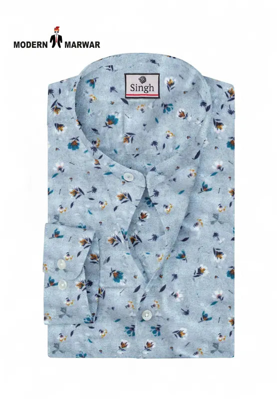Modern Marwar Men's Jodhpuri Collar Shirts in Light Blue Floral Print, Perfect for Stylish Casual Wear