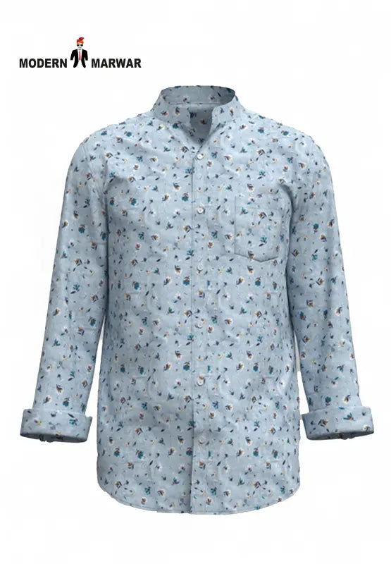 Modern Marwar Men's Jodhpuri Collar Shirts in light blue with floral print and long sleeves