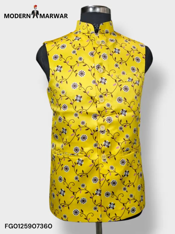 Bright yellow men's koti vest from Modern Marwar with floral print and traditional design