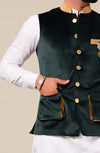 Men's kurta pajama set featuring a stylish green vest with golden buttons and pockets