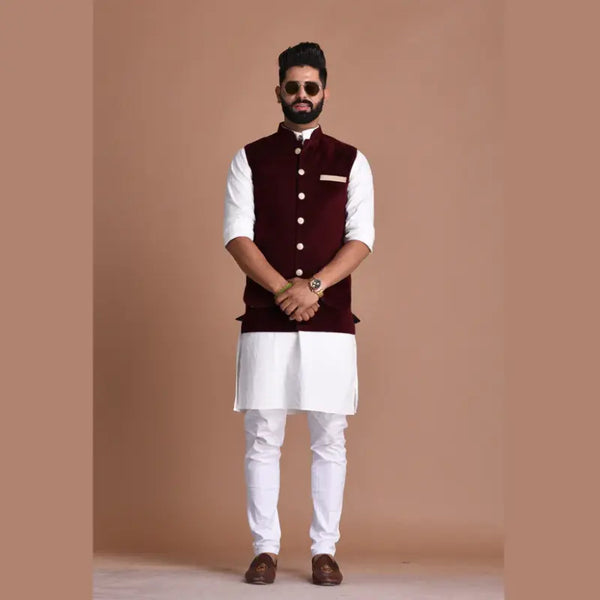 Men's Kurta Pajama Set with a stylish maroon vest and white kurta for festive occasions