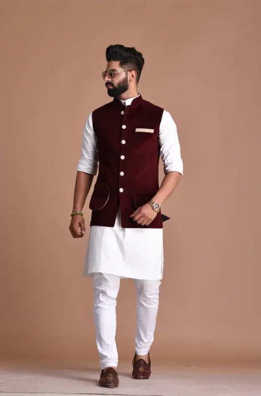 Modern Marwar Men's Kurta Pajama Set featuring a stylish maroon jacket and classic white kurta
