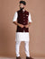 Stylish Men's Kurta Pajama Set in White with Burgundy Nehru Jacket for Festive Occasions