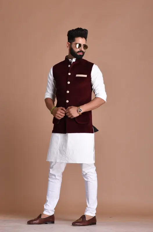Stylish Men's Kurta Pajama Set with a burgundy jacket and white kurta for formal occasions