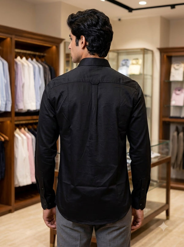Men's black cotton shirt from SINGH, showcasing a back view in a stylish display setting, mens plain shirt