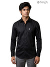 Men's black shirt in cotton fabric, front view featuring SINGH logo, mens plain shirt