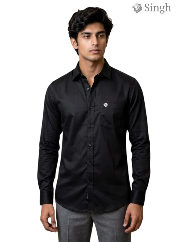 Men's black shirt in cotton fabric, front view featuring SINGH logo, mens plain shirt