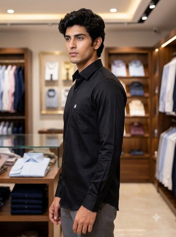 Men's black SINGH plain shirt in cotton fabric, side view showcasing classic style