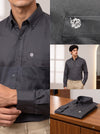 Men's plain shirt in charcoal gray cotton with a tailored fit and stylish pocket detail