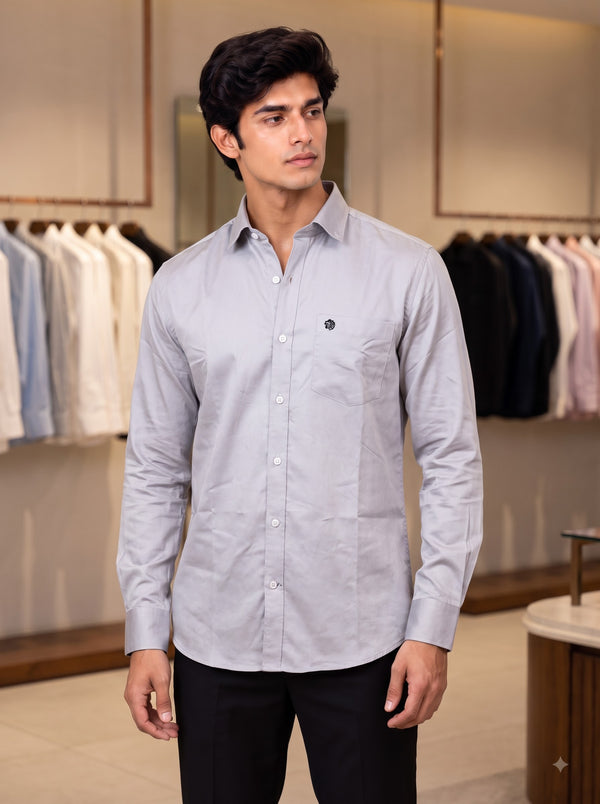 Men's grey cotton shirt, front view; stylish and versatile mens plain shirt by SINGH