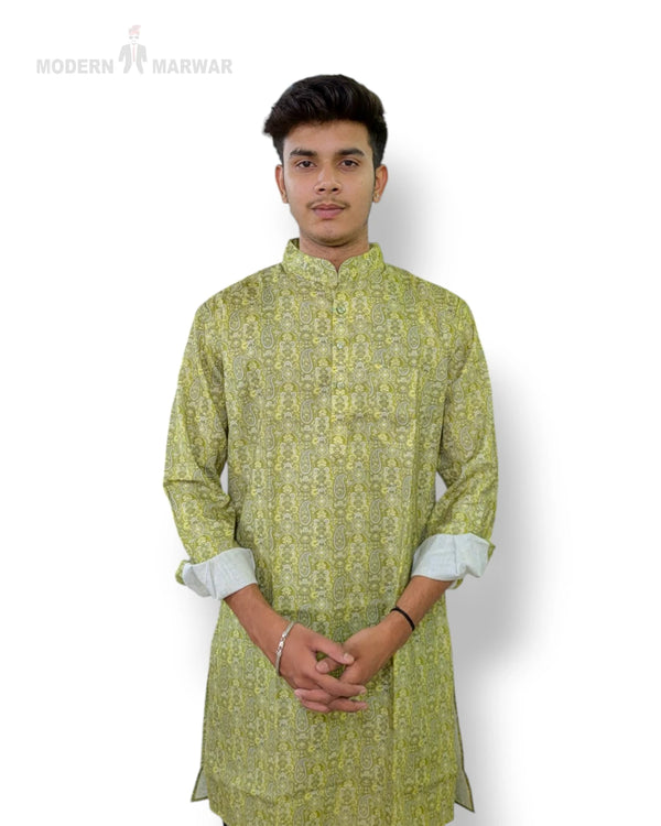 Men's printed kurta in green with intricate designs, perfect for festive occasions and casual wear