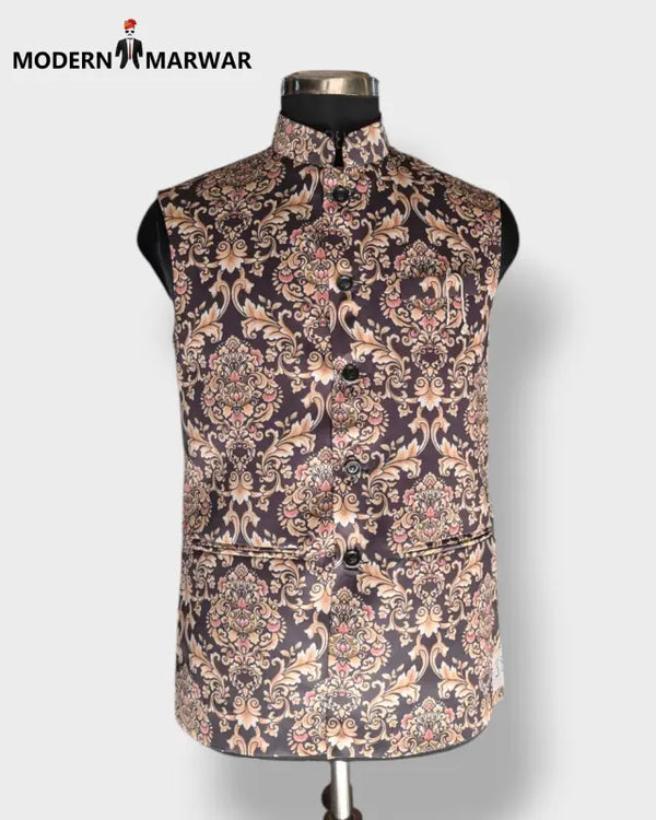 Men's traditional koti vest in floral print by Modern Marwar, featuring a stylish high collar and buttons