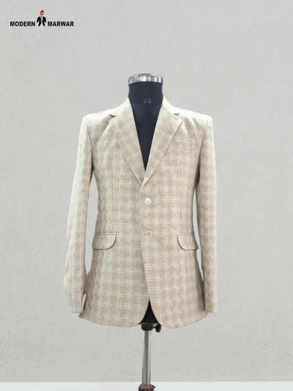 Modern Marwar men's tweed blazer in beige with a classic check pattern for stylish formal wear