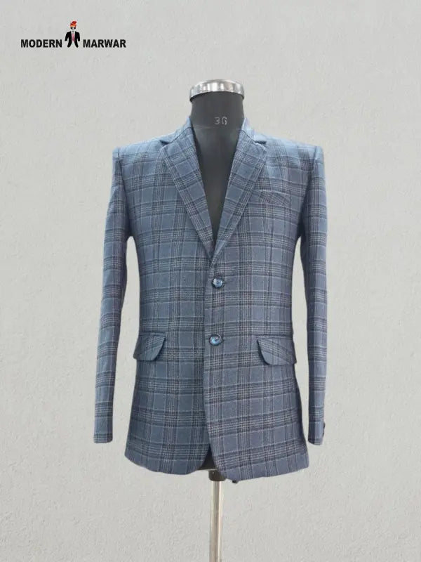Modern Marwar men's tweed blazer in blue check pattern tailored for a stylish look