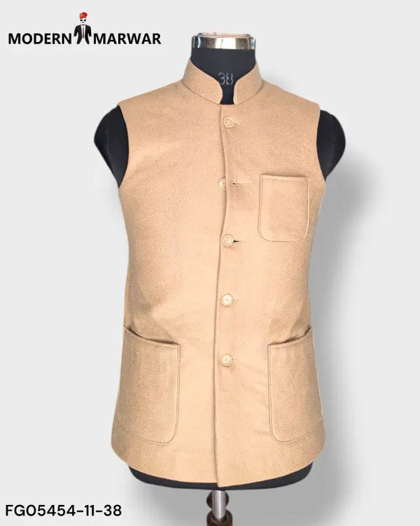 Modern Marwar Men's Velvet Koti in Beige with Classic Button Closure and Pockets