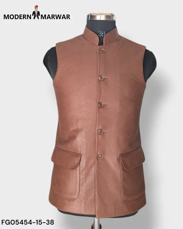 Men's velvet koti in brown by Modern Marwar featuring button closure and two front pockets