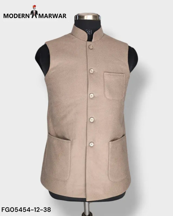 Modern Marwar Men's Velvet Koti in Beige with Button Closure and Pockets for Elegant Style