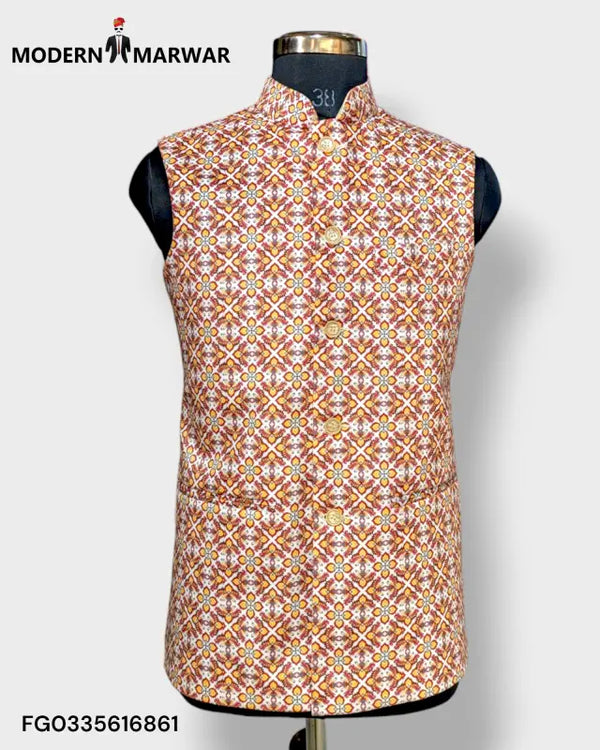 Stylish Modern Marwar men's velvet printed koti with vibrant geometric patterns for festive occasions