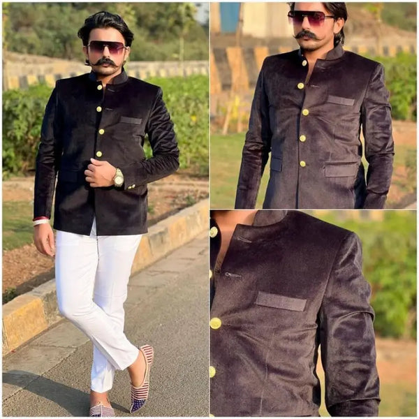 Stylish men's wedding coat suit in dark velvet with gold buttons, perfect for formal occasions