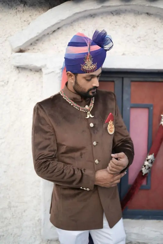 MODERN MARWAR Men's Wedding Coat Suit in Brown Velvet with Detailed Buttons and Embellishments