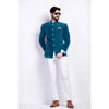 Modern Marwar men's wedding coat suit in teal with stylish design and elegant fit for special occasions