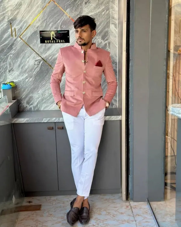 Stylish MODERN MARWAR men's wedding coat suit in pink with a pocket square and white trousers