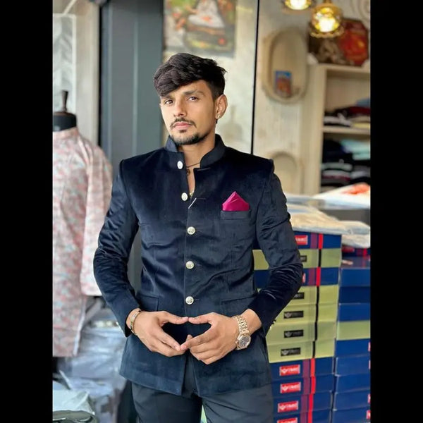 Stylish MODERN MARWAR men's wedding coat suit in navy blue with buttons and pocket square for formal events