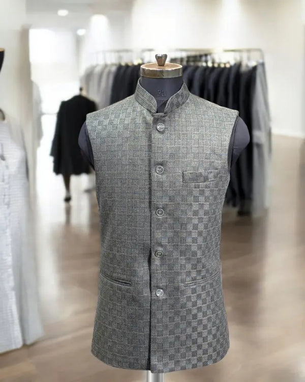 Modern Marwar Mens Wedding Koti in grey checkered pattern, ideal for festive occasions
