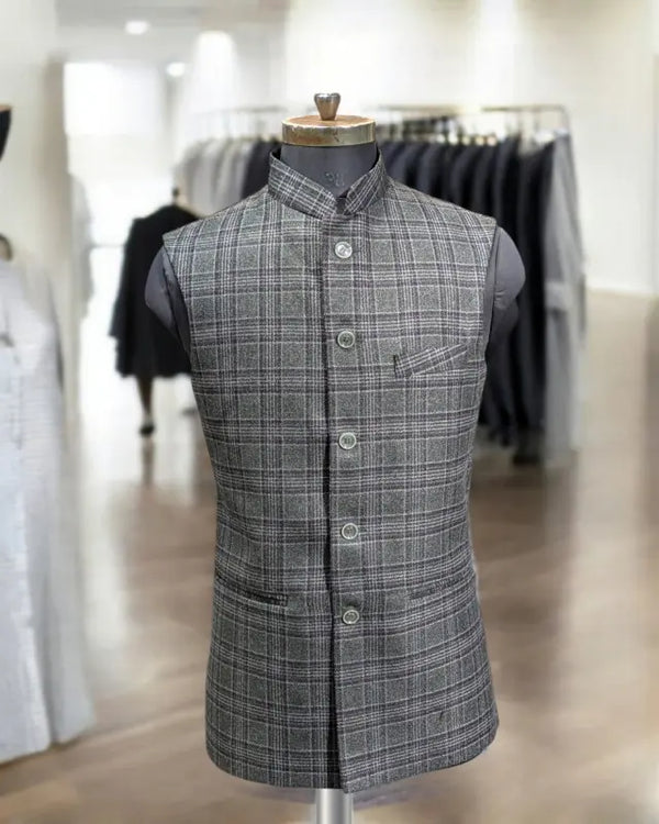 Stylish Modern Marwar Men's Wedding Koti in grey plaid design, perfect for festive occasions