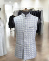 Modern Marwar Mens Wedding Koti in Gray with Stylish Checkered Pattern and Elegant Design