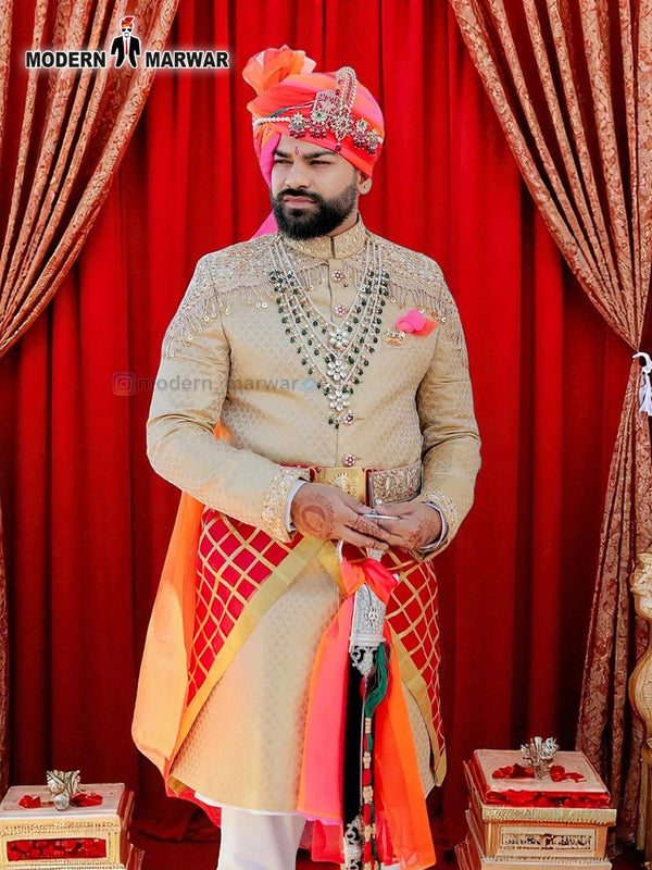 Elegant wedding groom sherwani in cream with intricate embroidery and vibrant colors for special occasions