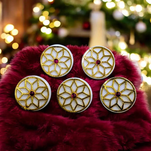 Set of five decorative buttons for sherwanis featuring intricate gold designs and red gem accents