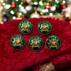 Set of five Bhati logo button decorative in green with gold detailing on a festive red background