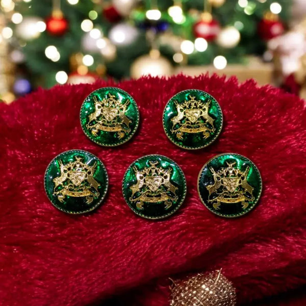 Set of five Bhati logo button decorative in green with gold detailing on a festive red background