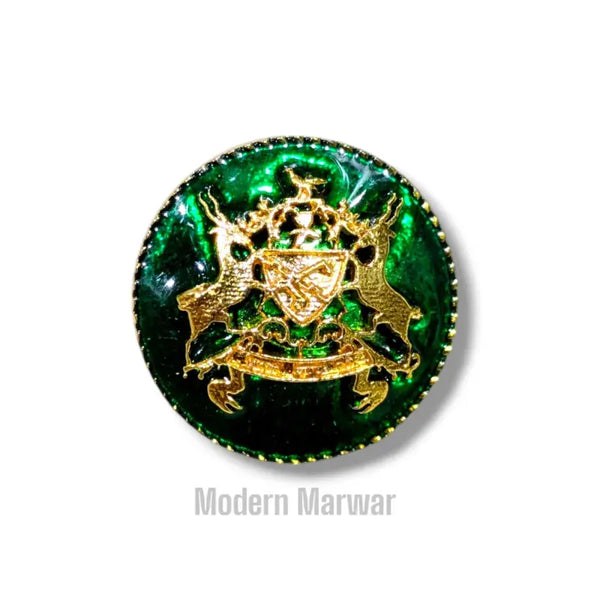 Bhati logo button decorative in green and gold, perfect for enhancing garments or crafts