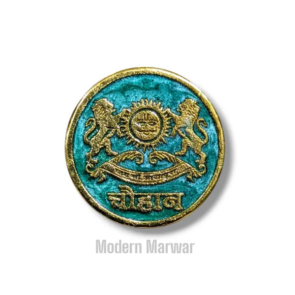 Chouhan logo button purchase featuring a detailed emblem with lions and turquoise background