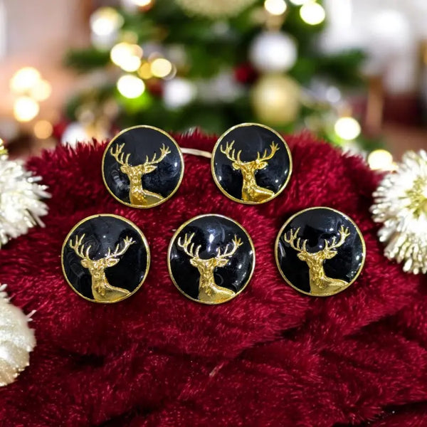 Set of five Modern Marwar deer logo button pins featuring golden deer designs on black backgrounds