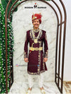 Modern Marwar designer maroon sherwani for men with intricate embroidery and royal accessories