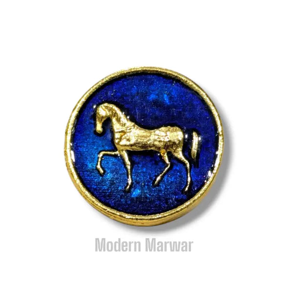 Modern Marwar Blue Enamel Horse Motif Brooch with Gold Detailing for Elegant Accessories