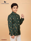 Stylish Jodhpuri suit for boys in dark green with golden motifs, perfect for festive occasions