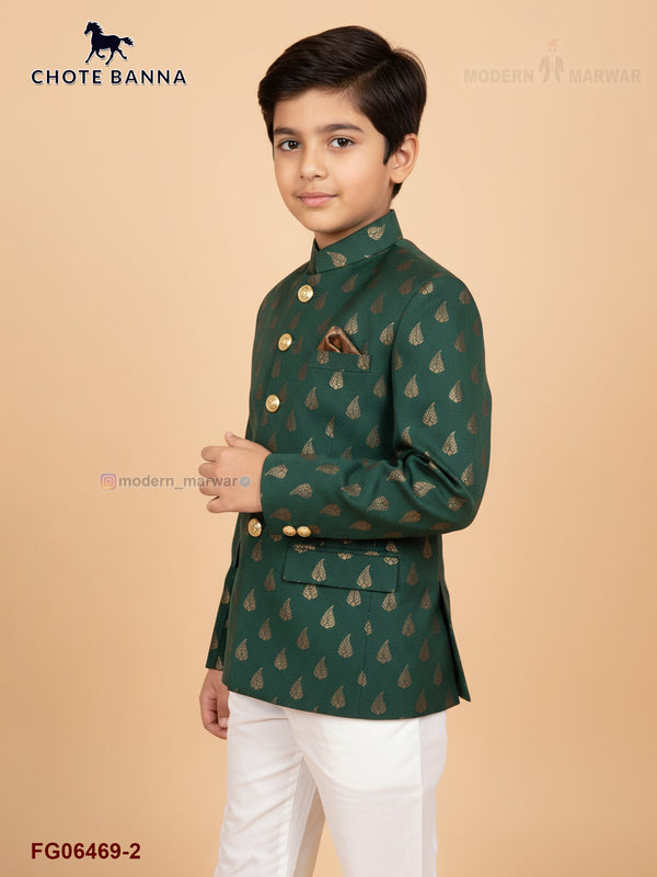 Green Jodhpuri suit for boys with intricate designs and a stylish fit for special occasions